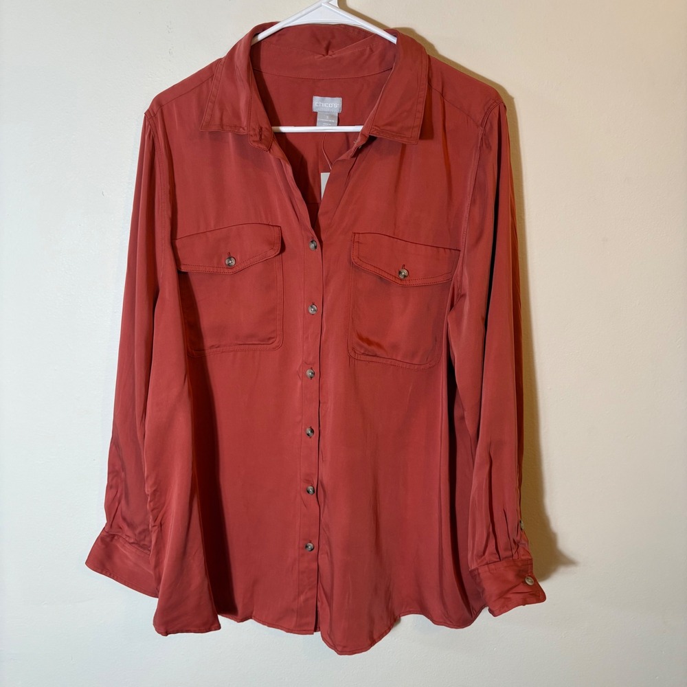 Chico's Canyon Red Sandwash Satin Shirt Blouse Long Sleeve Size 3 (16/18)